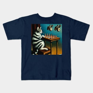 Surreal cat playing chess Kids T-Shirt